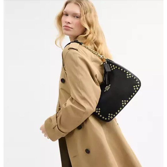 Coach Teri Hobo Bag With Rivets Shoulder Crossbody In Leather/Gold/Black CAK02 - Picture 7 of 10